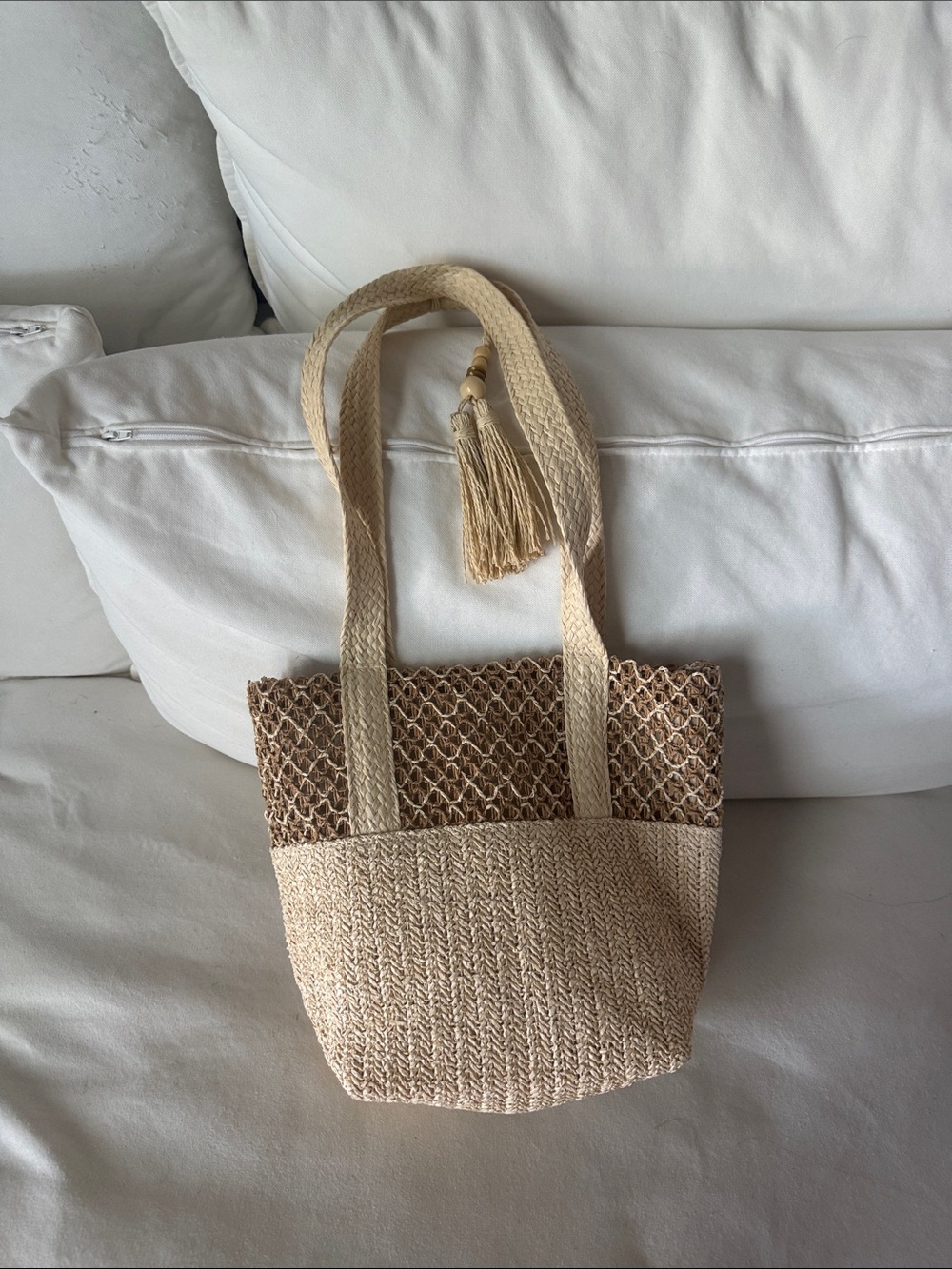 Woven Neutral Straw Tote Bag with Tassel